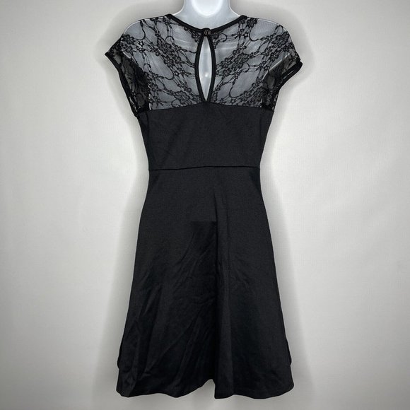 Rock Steady Retro Black Stretch Jersey Floral Mesh Lace Fit Flare Dress - Picture 5 of 8